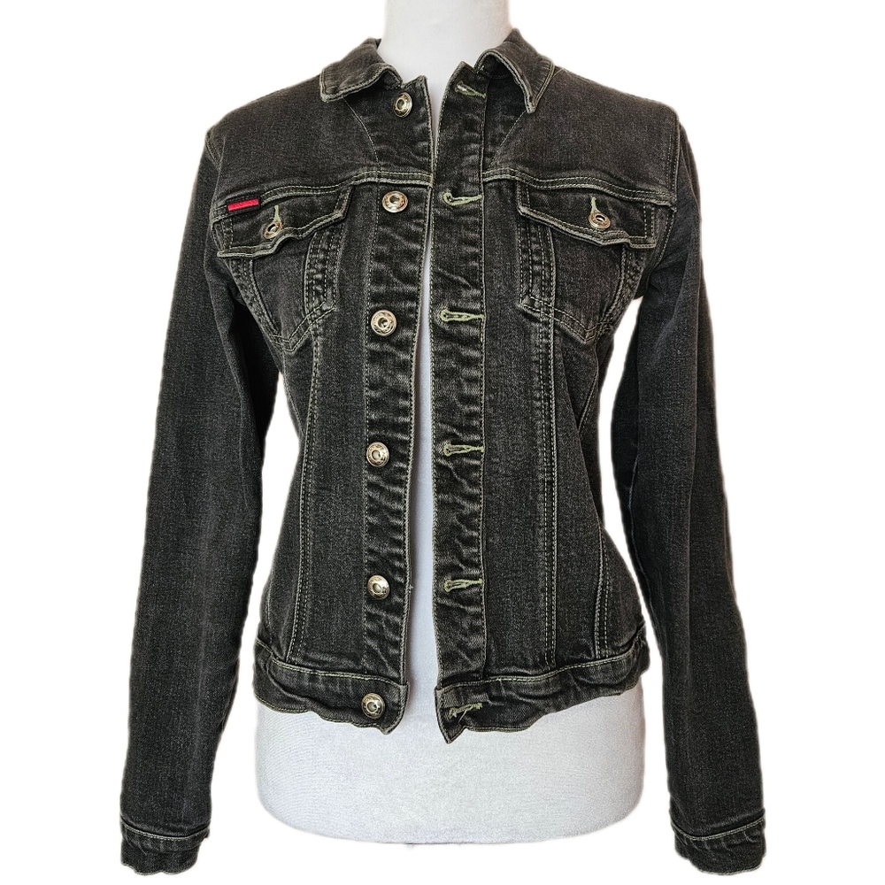 Fubu Vintage Black Denim Jacket Women's Small Jean Streetwear Y2K Hip Hop Fitted